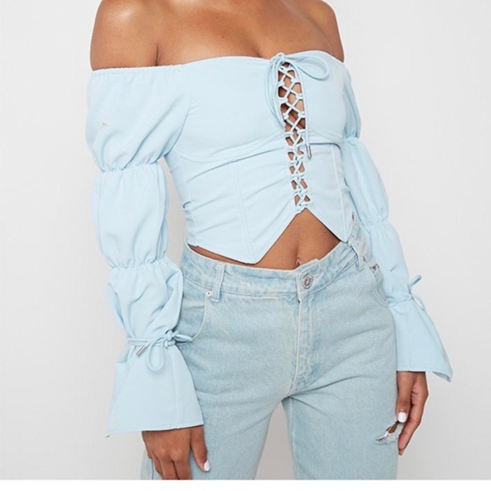 Maniere De Voir Lace-Up Off the Shoulder Puff Sleeve Blouse - size 8